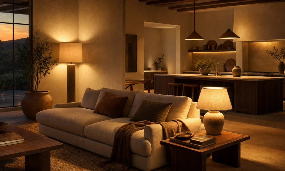 A linen sofa at dusk between a table lamp and a floor lamp, with a kitchen island in the same warm light beyond.