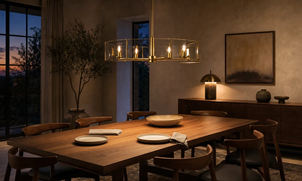 A brass linear chandelier hangs over an empty walnut dining table at dusk, lighting ceramic plates while a sideboard lamp glows behind.