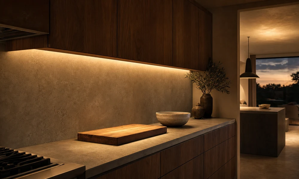 Walnut upper cabinets at dusk with a hidden strip lighting a wooden cutting board and bowl on a stone counter, living room glowing beyond.