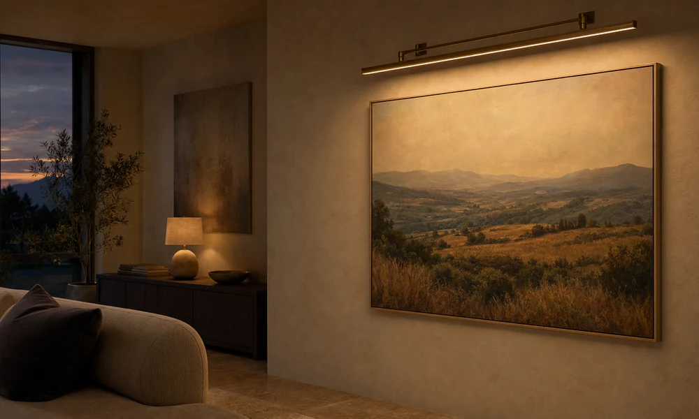 A brass picture light washes a framed landscape on a plaster wall at dusk, with a dim table lamp and sofa in the room beside it.
