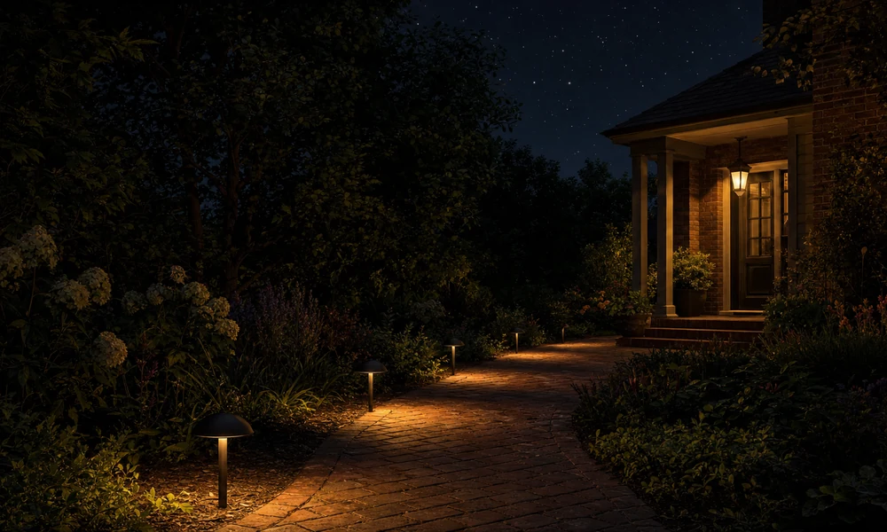 Capped mushroom path lights pool warm light on a brick walk at night toward a porch lantern, under a dark starry sky.