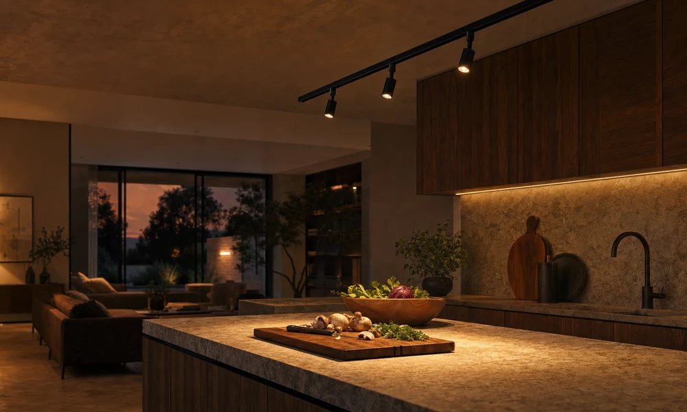 Three black track heads aim warm light at a wooden cutting board on a stone kitchen island at dusk, living room dim beyond.