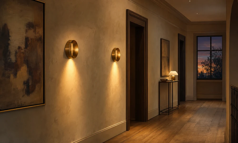 Two brass disc sconces wash a plaster hallway at dusk, with a console lamp and a sunset window at the far end.