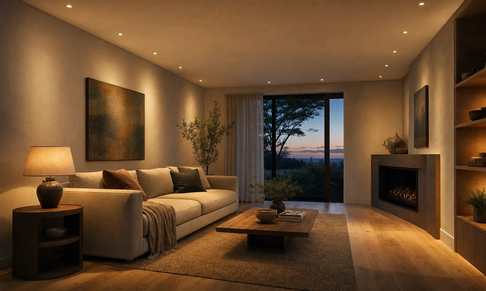 A linen sofa at dusk under a modest grid of ceiling downlights, with a table lamp glowing and a sunset in the window.
